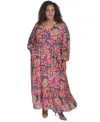Jessica Howard Plus Size Printed Tie-waist Blouson-sleeve Maxi Dress In Magenta Multi
