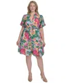 Jessica Howard Plus Size Printed Tie-waist Puff-sleeve Dress In Multi