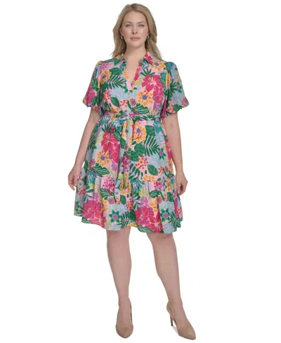 Jessica Howard Plus Size Printed Tie-waist Puff-sleeve Dress