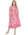 Jessica Howard Plus Size Printed Tie-waist Sleeveless Midi Dress In Pink