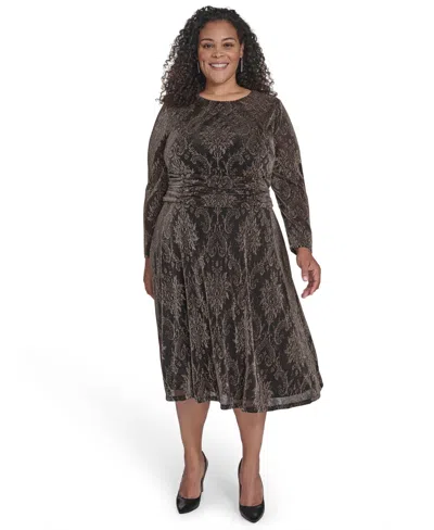 Jessica Howard Plus Size Ruched Waist Jewel Neck Midi Dress In Gray