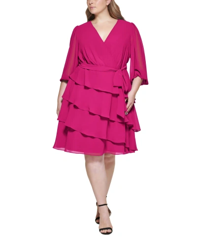 Jessica Howard Plus Size Ruffle-tiered Tie-waist Dress In Fuchsia
