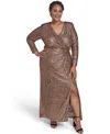 Jessica Howard Plus Size Sequin Twist-front Long Sleeve Gown In Brown