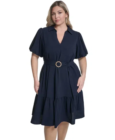 Jessica Howard Plus Size Single Tiered Shirt Dress In Blue