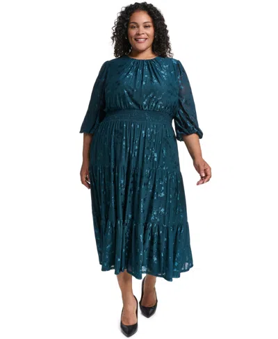 Jessica Howard Plus Size Smocked Waist 3/4 Sleeve Tiered Midi Dress In Green