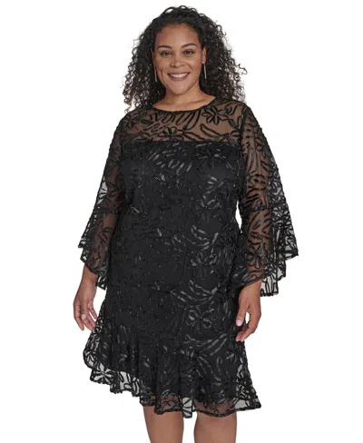 Jessica Howard Plus Size Textured Boat Neck A-line Dress In Black