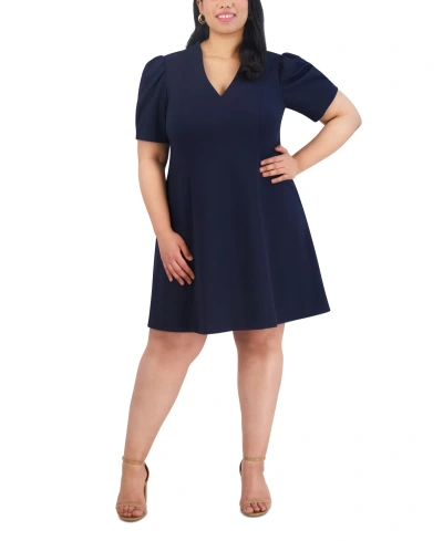 Jessica Howard Plus Size V-neck Short-sleeve A-line Dress In Navy