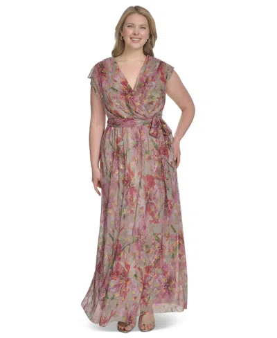 Jessica Howard Plus Size V-neck Shoulder-drape Gown In Poppy Multi
