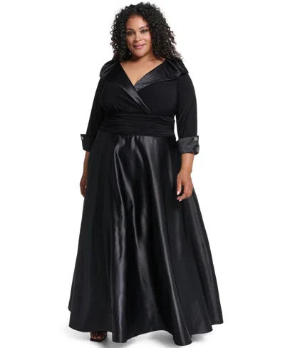 Jessica Howard Plus Size V-neck 3/4 Rhinestone Cuff Satin Dress In Black