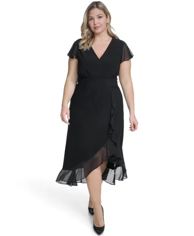 Jessica Howard Plus Size V-neck Flutter-sleeve Midi Dress In Black