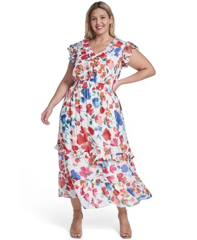 Jessica Howard Plus Size V-neck Smocked Waist Midi Dress In Multi