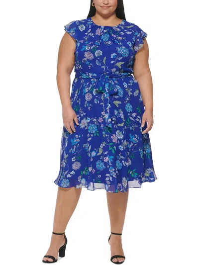 Jessica Howard Plus Womens Floral Flutter Sleeve Midi Dress In Blue