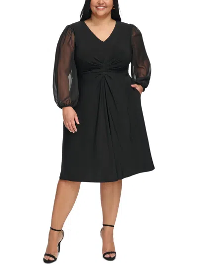Jessica Howard Plus Womens Gathered Sheer Midi Dress In Black