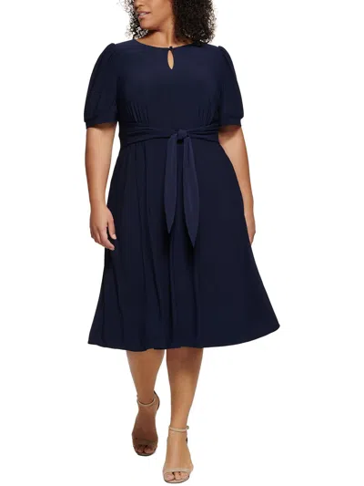 Jessica Howard Plus Womens Knit Puff Sleeves Fit & Flare Dress In Blue