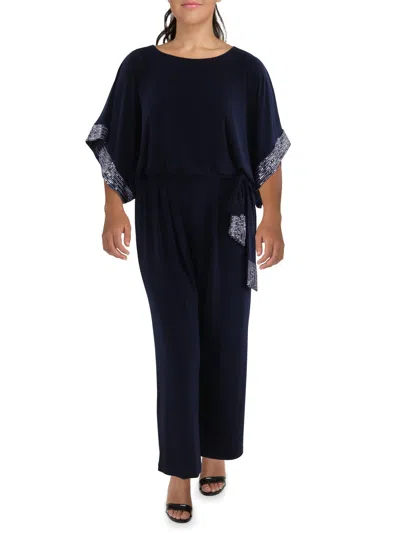 Jessica Howard Plus Size Metallic-trimmed Blouson Jumpsuit In Navy Silver