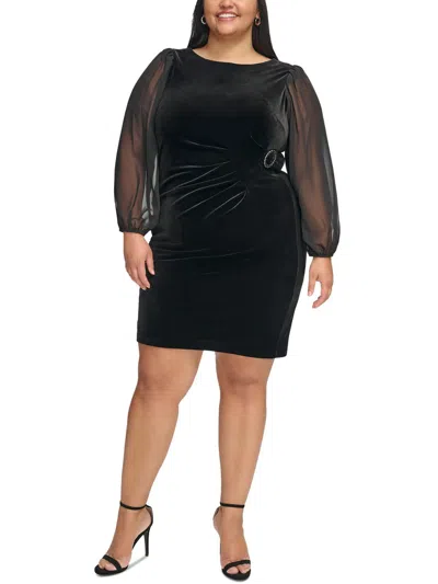 Jessica Howard Plus Womens Velvet Chiffon Sleeve Cocktail And Party Dress In Black