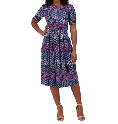 Jessica Howard Printed Ruched-sleeve Midi Dress In Navy Pink In Multi