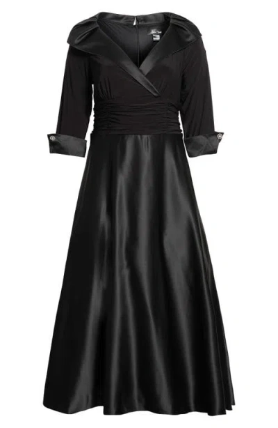 Jessica Howard Rhinestone Button Cuff Sleeve Mixed Media Gown In Black