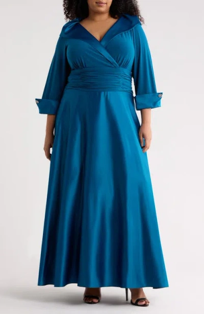 Jessica Howard Rhinestone Button Cuff Sleeve Mixed Media Gown In Blue
