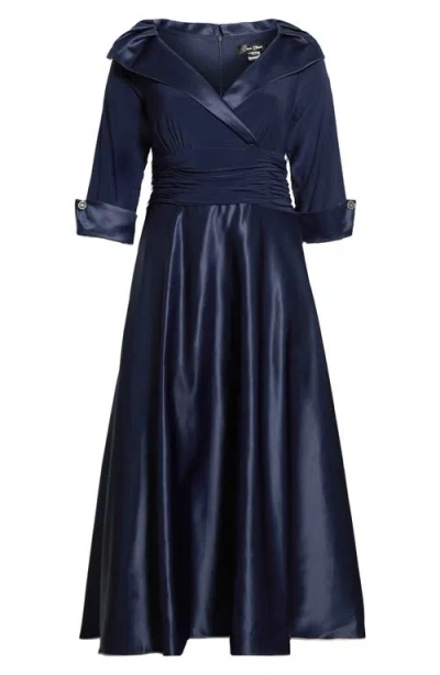 Jessica Howard Rhinestone Button Cuff Sleeve Mixed Media Gown In Blue