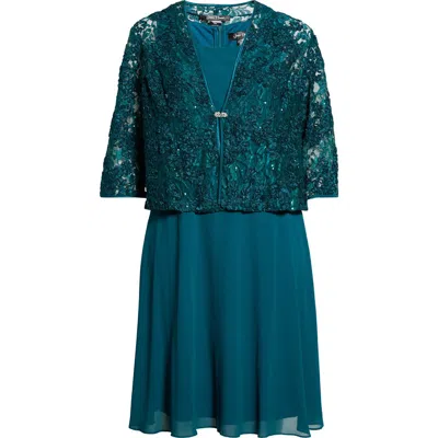 Jessica Howard Sequin Lace Jacket & Sleeveless Dress Set In Blue