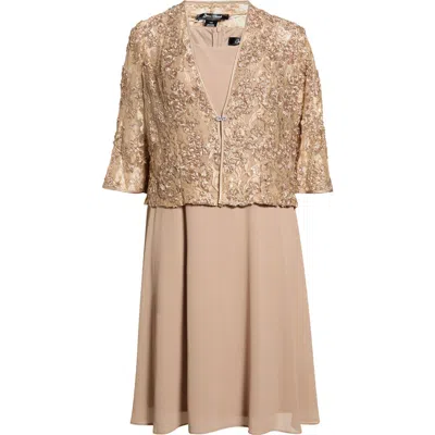 Jessica Howard Sequin Lace Jacket & Sleeveless Dress Set In Brown