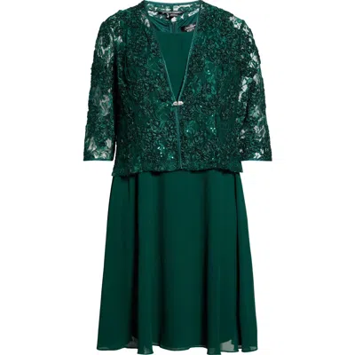 Jessica Howard Sequin Lace Jacket & Sleeveless Dress Set In Green