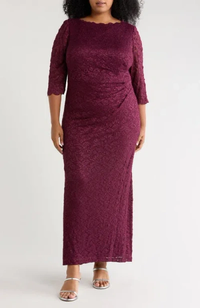 Jessica Howard Side Tuck Lace Sheath Gown In Burgundy