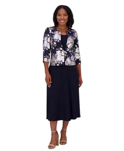 Jessica Howard Women's 2.pc Floral-print 3/4-sleeve Jacket & Sleeveless Midi Dress In Navy
