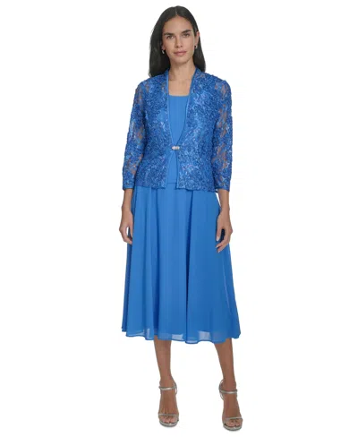 Jessica Howard Women's 2.pc Jewel-neck Midi Dress & Lace 3/4-sleeve Jacket In Blue
