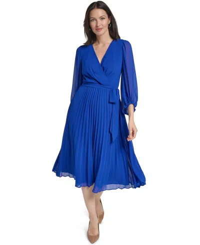 Jessica Howard Women's 3/4 Ballon Pleated V-neck Surplice Midi Dress In Blue