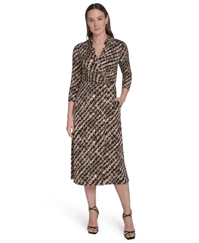Jessica Howard Women's 3/4-sleeve Shirt Collar Dress In Brown
