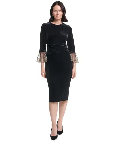 Jessica Howard Women's 3/4-sleeve Ruched Waist Stretch Velvet Sheath Dress In Black