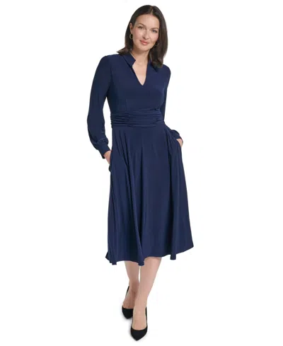 Jessica Howard Women's A-line Ruched Waistband Shirt Collar Midi Dress In Navy