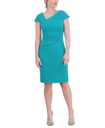 Jessica Howard Women's Asymmetric-neck Embellished-shoulder Dress In Turquoise