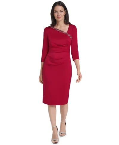 Jessica Howard Women's Asymmetrical Neckline 3/4-sleeve Beaded Cocktail Dress In Ruby