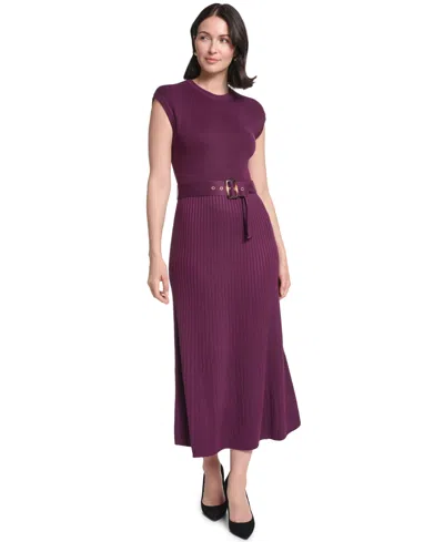 Jessica Howard Women's Belted Midi Ribbed Dress In Aubergine