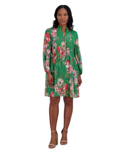 Jessica Howard Women's Chiffon Pleated Floral-print Dress In Green