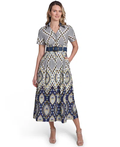Jessica Howard Plus Size Collared Belted Shirt Dress In Blue
