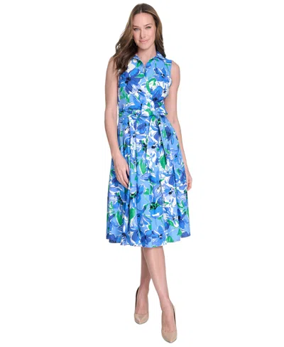 Jessica Howard Petite Cotton Printed Tie-waist Shirtdress In Blue