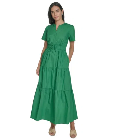 Jessica Howard Women's Cotton Tiered Split-neck Maxi Dress In Green