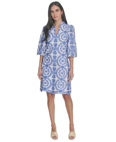 Jessica Howard Women's Embroidered 3/4-sleeve A-line Cotton Dress In Blue