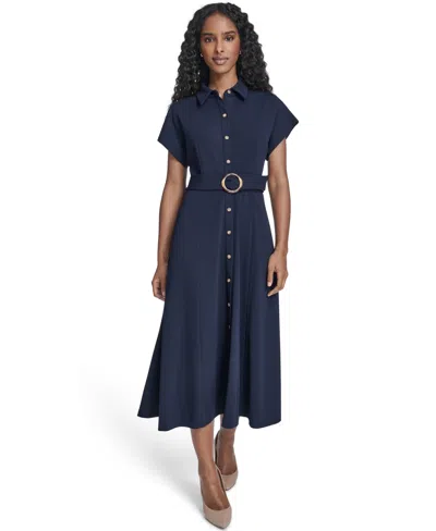Jessica Howard Women's Extended Cap-sleeve Belted Shirtdress In Blue