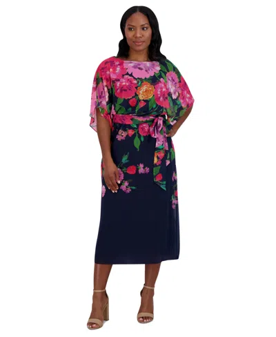 Jessica Howard Women's Floral-print Belted Chiffon Dress In Navy Multi