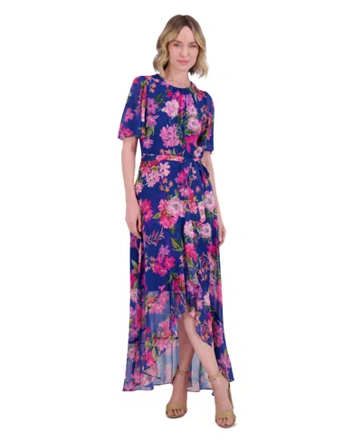 Jessica Howard Women's Floral-print Belted Flutter-sleeve Dress In Cobalt Multi