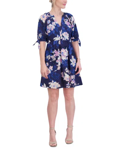 Jessica Howard Women's Floral-print Tie-sleeve Dress In Navy Multi