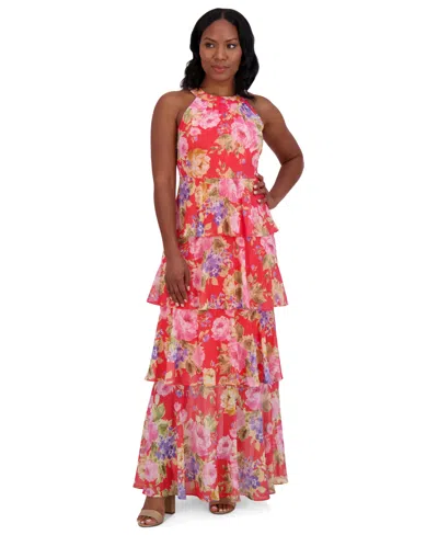 Jessica Howard Women's Floral-print Tiered Halter Gown In Poppy