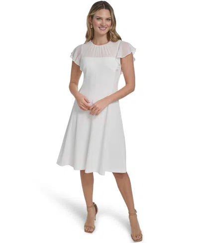 Jessica Howard Women's Illusion Yoke Flutter-sleeves Dress In White