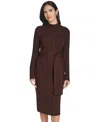 Jessica Howard Women's Long Sleeve Mock Neck Belted Midi Sweater Dress In Brown
