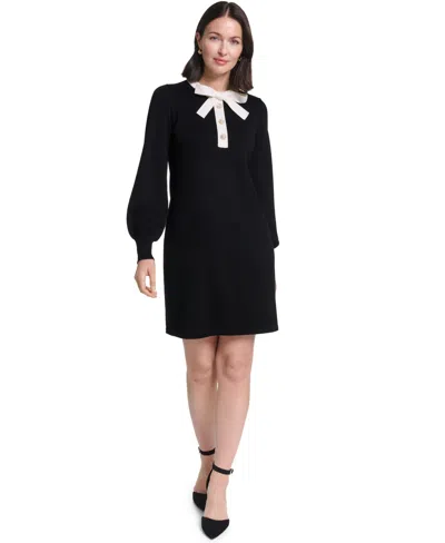 Jessica Howard Women's Long-sleeve Bow Jewel Neck Sweater Dress In Black